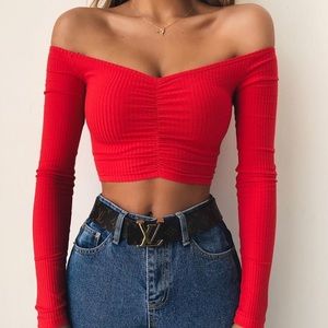 Tiger Mist Red Off-The-Shoulder Crop Top XS